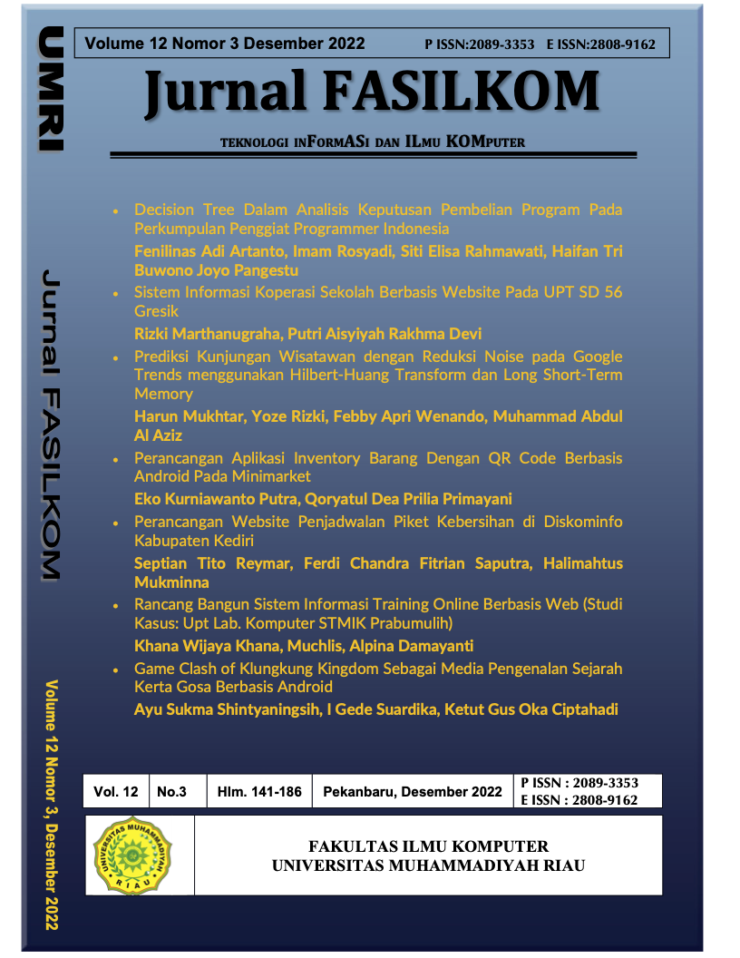 Jurnal FASILKOM (teknologi inFormASi dan ILmu KOMputer) Volume 12, no 3 (2022)